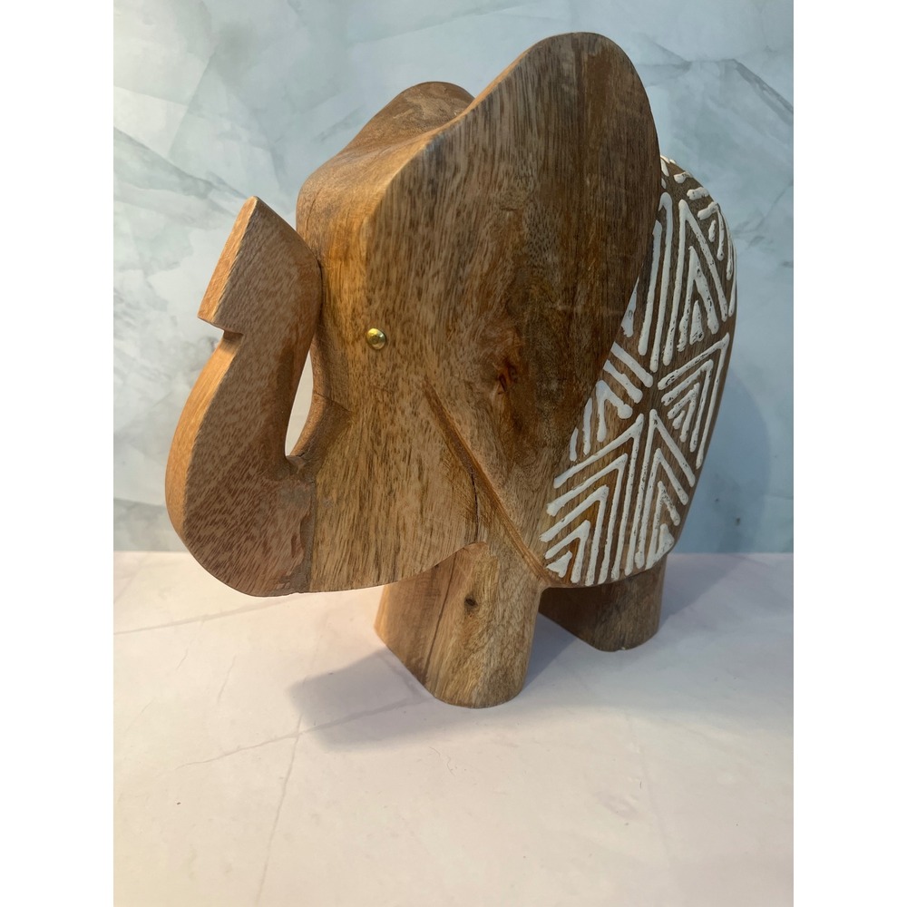 Global Caravan 8‎ Inch Wood Elephant Sculpture Carved Geometric Design